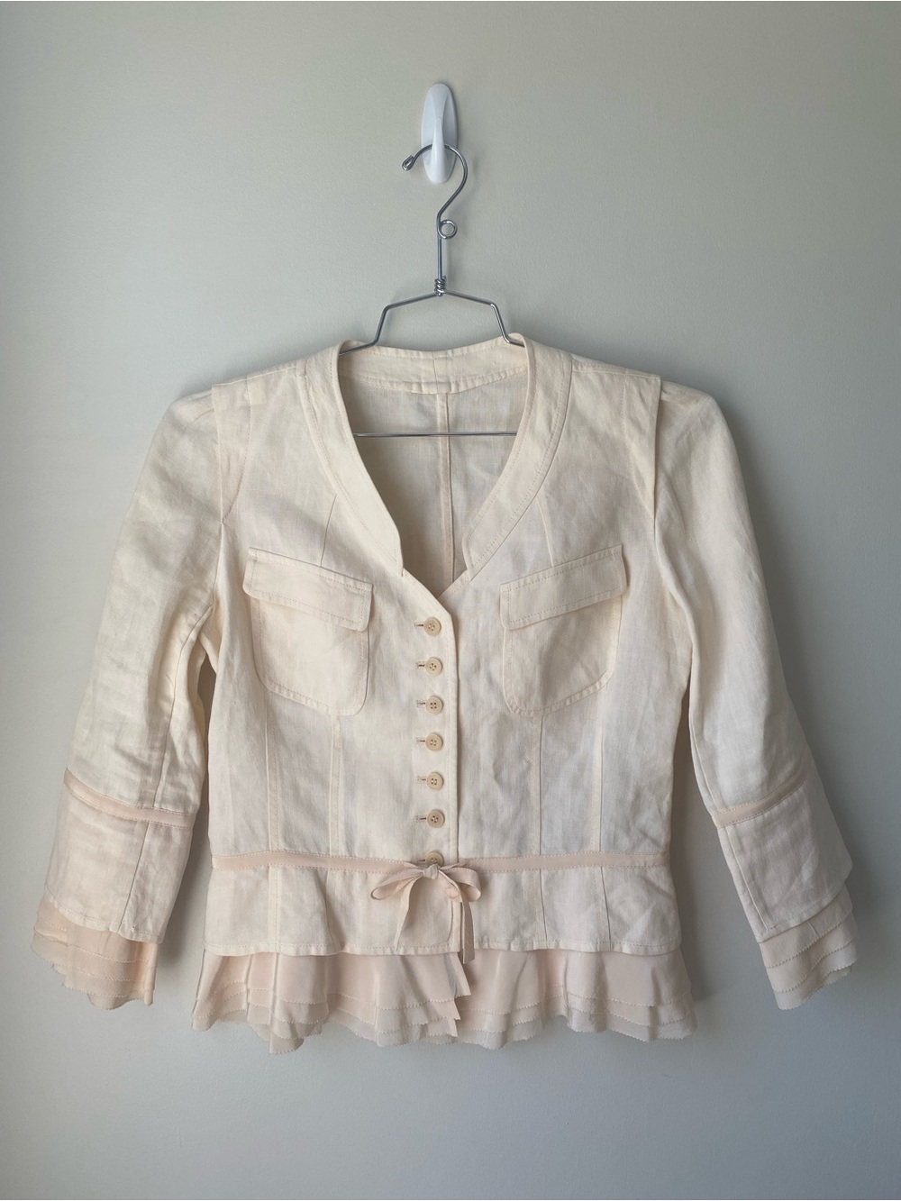 Cream Ruffle Hem Button-Up Jacket